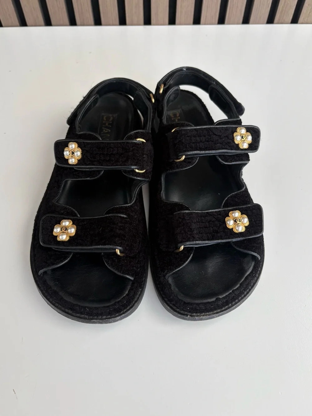Auth CHANEL Tweed Velcro Dad Sandals